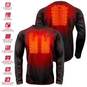 Gerbing heated base layer shirt showing front and back heating elements with feature icons
