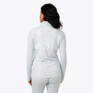 Back view of a Mobile Warming long sleeve quarter zip top in light blue with a white marble pattern