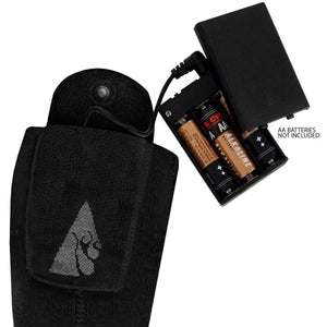 Black fabric pouch with battery pack and two AA batteries inserted