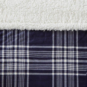 Woolrich navy and white plaid blanket with white sherpa lining
