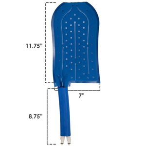 Blue perforated therapy pad with dimensions 11.75 inches by 7 inches and 8.75 inch hose