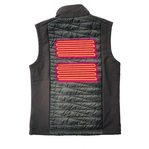 Back view of black heated vest showing glowing red heating elements