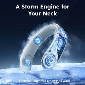 Portable neck fan with four blue turbine engines and visible internal circuitry