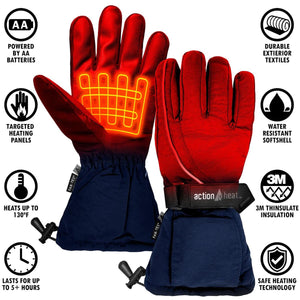 ActionHeat battery powered heated gloves with feature icons for heating panels, insulation, and battery life