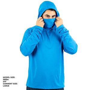 Man wearing a blue Mobile Cooling long sleeve hooded shirt with an integrated face gaiter