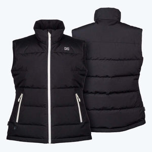 Mobile Warming black puffer vest showing front and back views with white zipper details