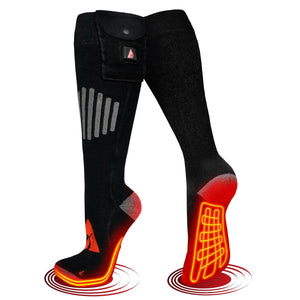 ActionHeat black battery heated socks with visible heating elements on the soles