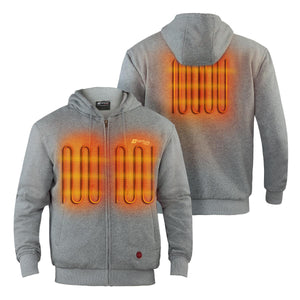 Venture Heat grey zip up hoodie showing internal heating elements on chest and back