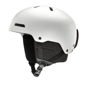 Smith Optics white matte snow helmet with black ear pads and chin strap