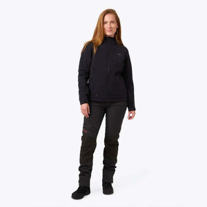 Woman wearing black outdoor jacket and trousers