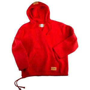 Bright red fleece pullover hoodie with a front kangaroo pocket and drawstring hem