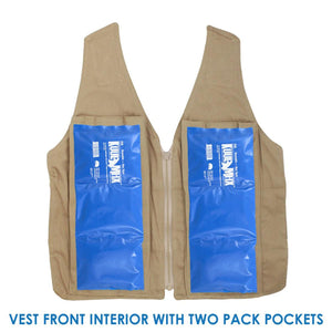 Tan cooling vest with two blue Kool Max ice packs inserted into front interior pockets