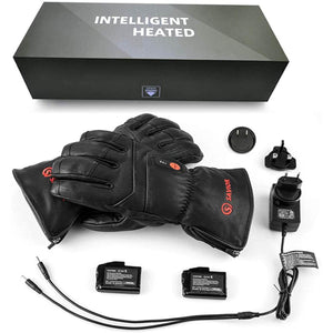 Savior Heat black leather heated gloves with batteries and wall charger in branded box