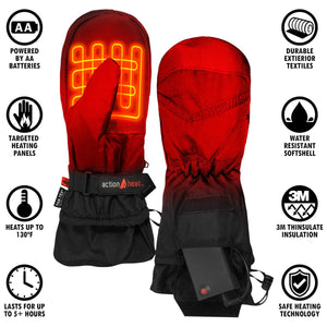 ActionHeat battery powered red and black heated mittens with feature icons
