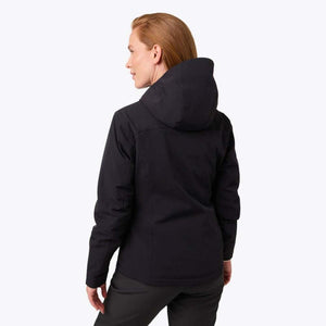 Woman wearing a black hooded jacket seen from the back