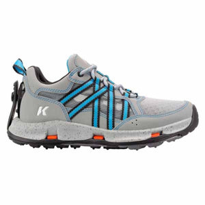 K-Swiss grey and blue athletic sneaker with speckled midsole and black tread