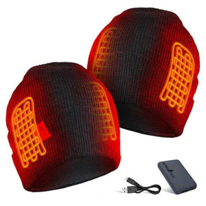 ActionHeat black knit beanie with visible orange heating elements and included battery pack and charging cable