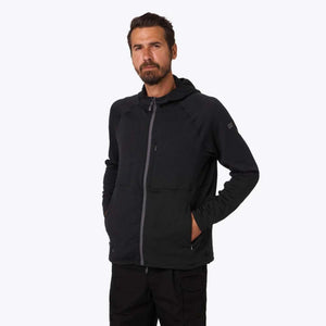 Man wearing a black Mobile Warming hooded zip up jacket