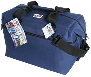 Navy blue AO Coolers soft-sided cooler with shoulder strap and product tags