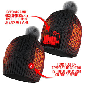 ActionHeat beanie showing power bank placement and touch button temperature control