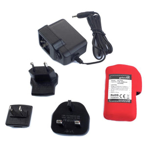 Glovii battery charger with three interchangeable international power adapters and a red battery pack