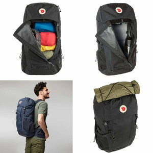 Fjallraven Abisko 35 backpack showing internal storage and external gear attachment features