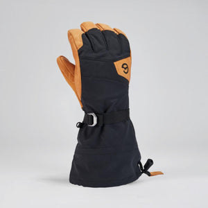 Black and tan leather ski glove with adjustable wrist strap and cuff