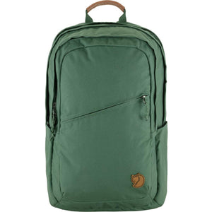 FjallRaven green backpack with brown leather handle and logo patch