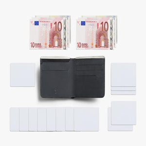 Bellroy open black leather wallet surrounded by stacks of ten euro banknotes and blank white cards
