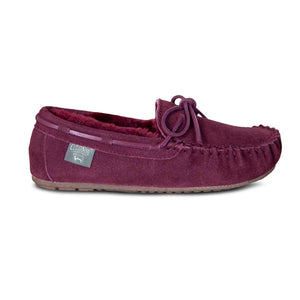 Cloud Nine Sheepskin purple suede moccasin slipper with tie detail