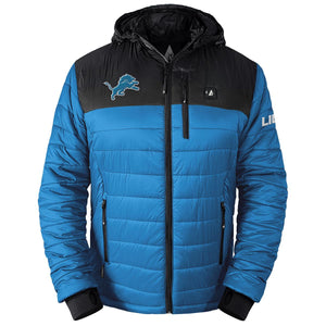 ActionHeat Detroit Lions hooded puffer jacket with blue and black color blocking