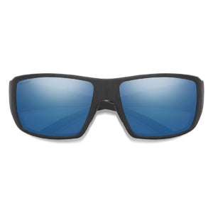 Smith Optics sunglasses with matte black frames and blue reflective lenses