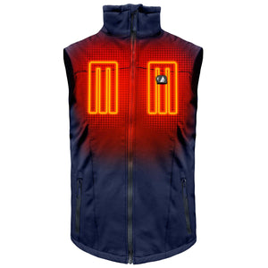 Navy blue heated vest with glowing orange heating elements on the chest