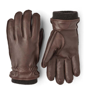Hestra brown leather gloves with ribbed cuffs