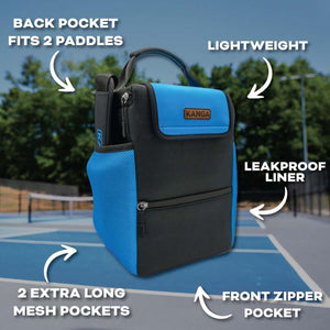 Kanga cooler bag with labels highlighting back paddle pocket, lightweight design, leakproof liner, and mesh pockets