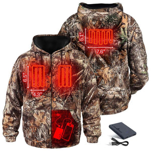 ActionHeat camo heated hoodie showing heating element dimensions and battery pack