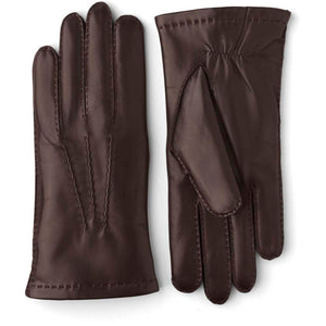 Hestra brown leather gloves with decorative stitching