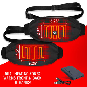 ActionHeat waist hand warmer with dual heating zones measuring 6.25 inches by 4.5 inches with battery and cable