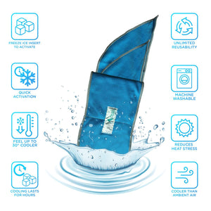 AlphaCool blue cooling neck wrap with eight surrounding feature icons