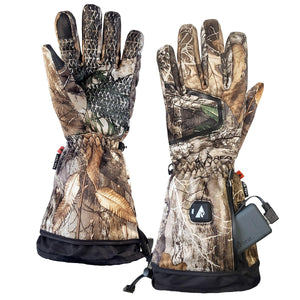 Camo pattern heated gloves with battery pack and power button