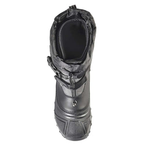 Top view of a black winter boot with a drawstring closure
