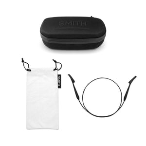 Smith branded hard case, white microfiber pouch, and black eyewear retainer strap