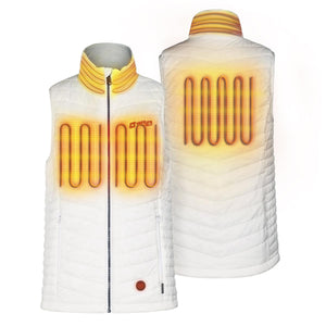 Venture Heat white quilted heated vest showing front and back heating elements