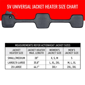 ActionHeat 5V universal jacket heater size chart showing dimensions for small medium large extra large and 2XL sizes