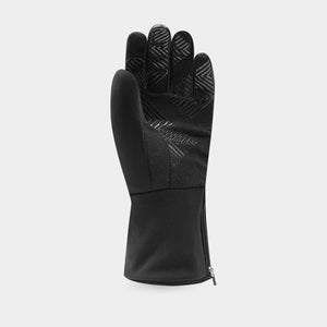 Black athletic glove with textured grip pattern on palm and side zipper closure
