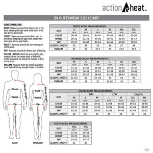 ActionHeat 5V outerwear size chart with measurement instructions and body measurement tables for men women and youth