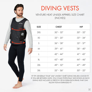 Venture Heat unisex diving vest size chart with chest and hip measurements in inches