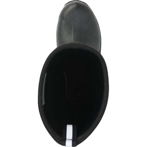 Top view of a black rubber boot with a white pull tab