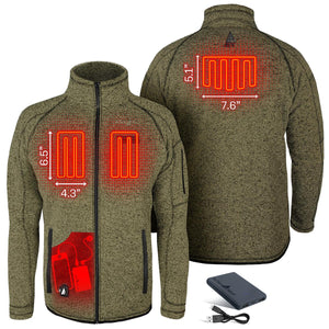 ActionHeat olive green fleece jacket showing heating element placement and battery pack location
