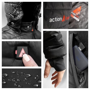 ActionHeat black heated jacket features including hood, logo, power button, thumbhole cuff, and battery pocket